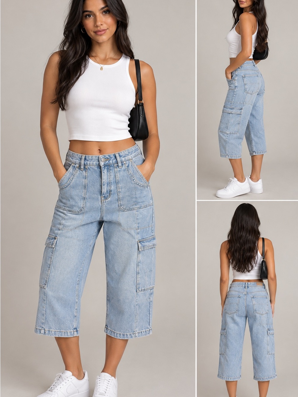 Women’s Light Blue Cropped Cargo Jeans - Casual Wide Leg